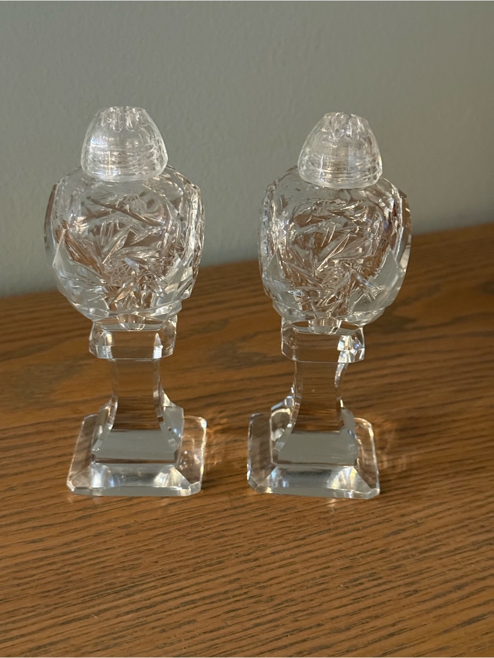 Vintage Cut Crystal Salt and Pepper Shaker Set with Glass tops Clear 5”